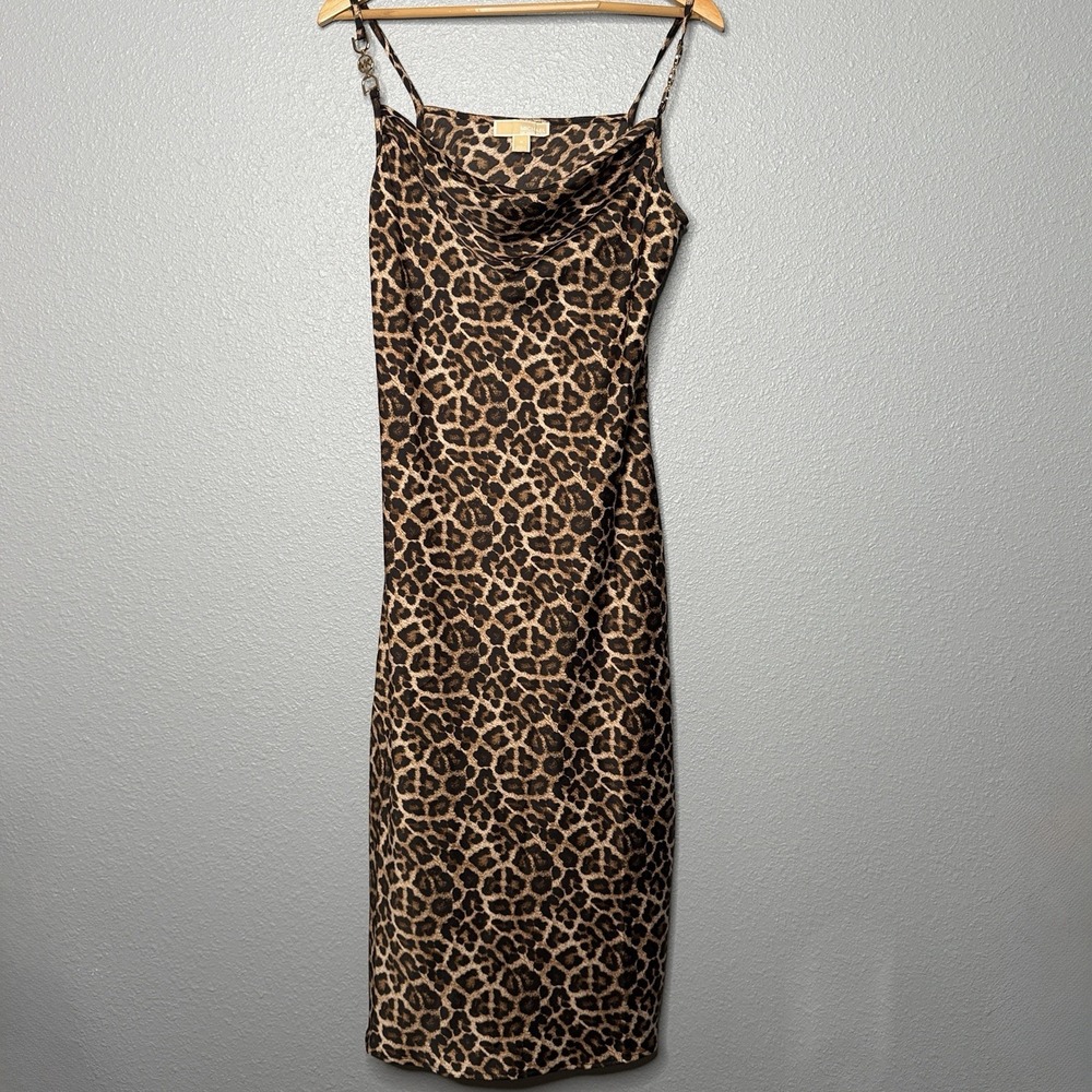 Michael Kors Leopard Sleeveless Cowl Neck Maxi Dress M MK Hardware Animal Print